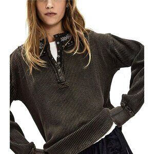 We The Free By Free People Embroidered Collar Thermal Henley Top Brown XS NWT